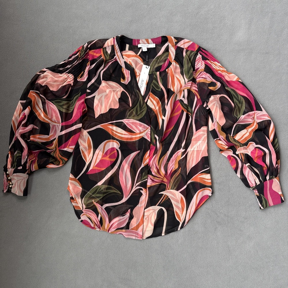 Chicos Blouse Womens 6 Pintuck Sleeve Orchid Print Berry Compote Sheer NWT Top